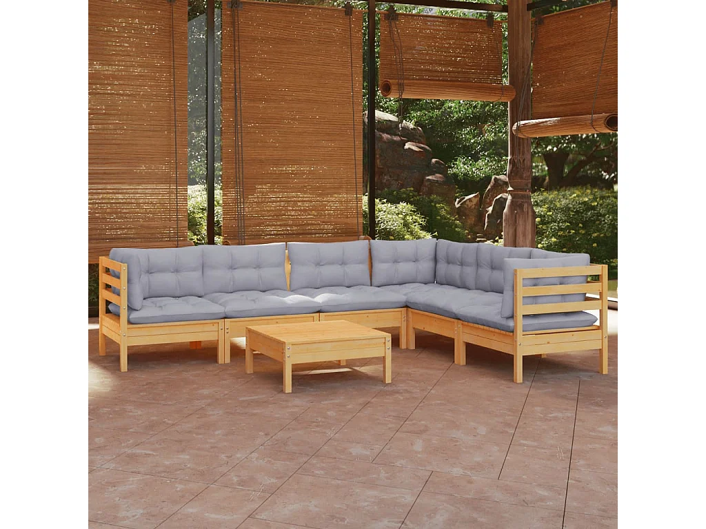 Juego de muebles de jardín 7 pzas y cojines madera maciza pino