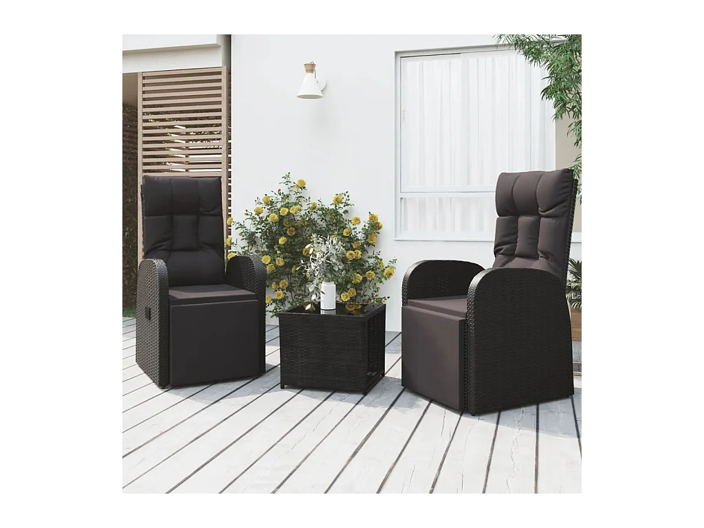 Ensemble de salon de jardin 3 pcs noir poly rotin et acier