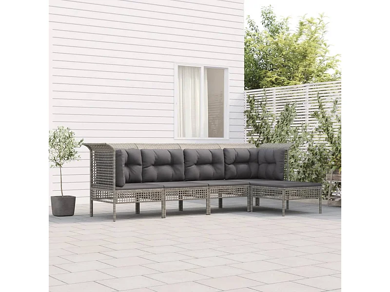 5-tlg. Garten-Lounge-Set mit Kissen Grau Poly Rattan
