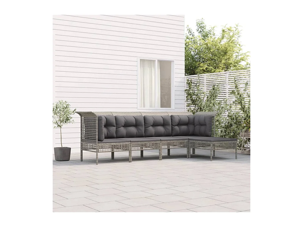Salon de jardin 5 pcs avec coussins Gris Résine tressée
