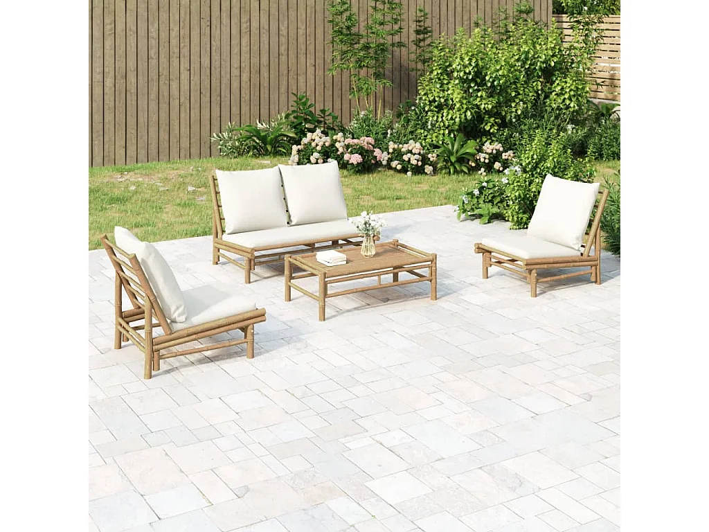Salon de jardin 4 pcs avec coussins blanc crème bambou