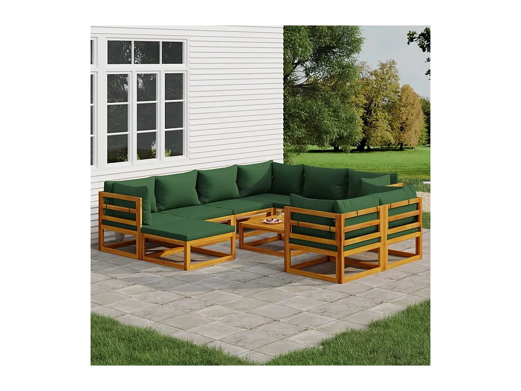 Salon de jardin 10 pcs avec coussins vert bois massif