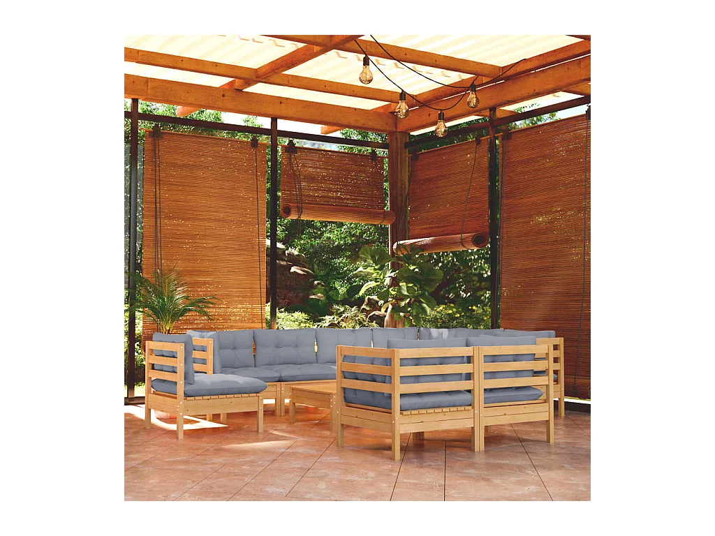 10-tlg. Garten-Lounge-Set mit Grauen Kissen Kiefer Massivholz