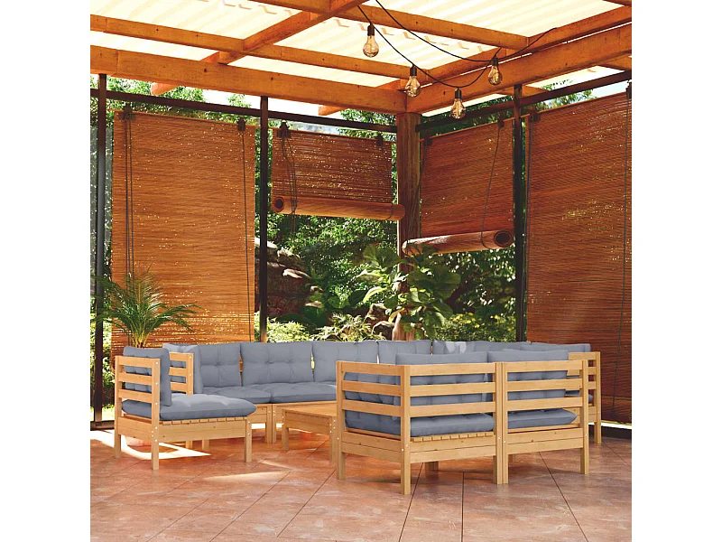 10-tlg. Garten-Lounge-Set mit Grauen Kissen Kiefer Massivholz