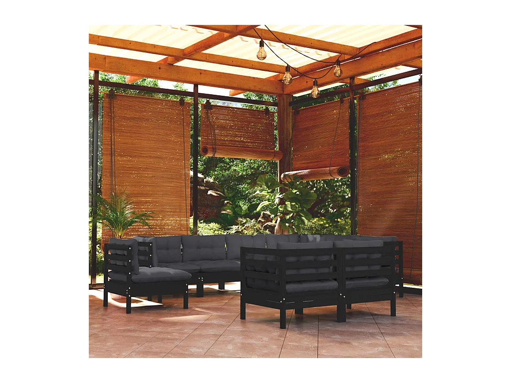 Salon de jardin 9 pcs avec coussins Noir Bois de pin massif