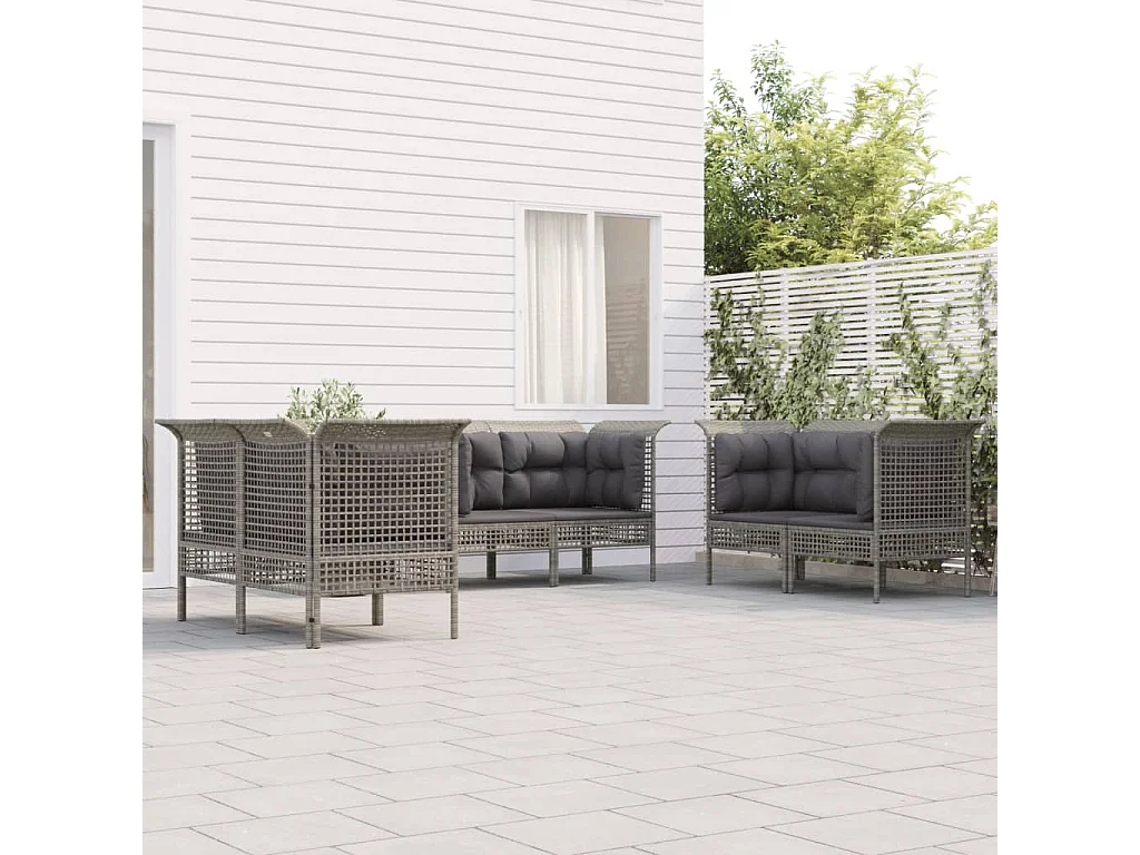 6-tlg. Garten-Lounge-Set mit Kissen Grau Poly Rattan