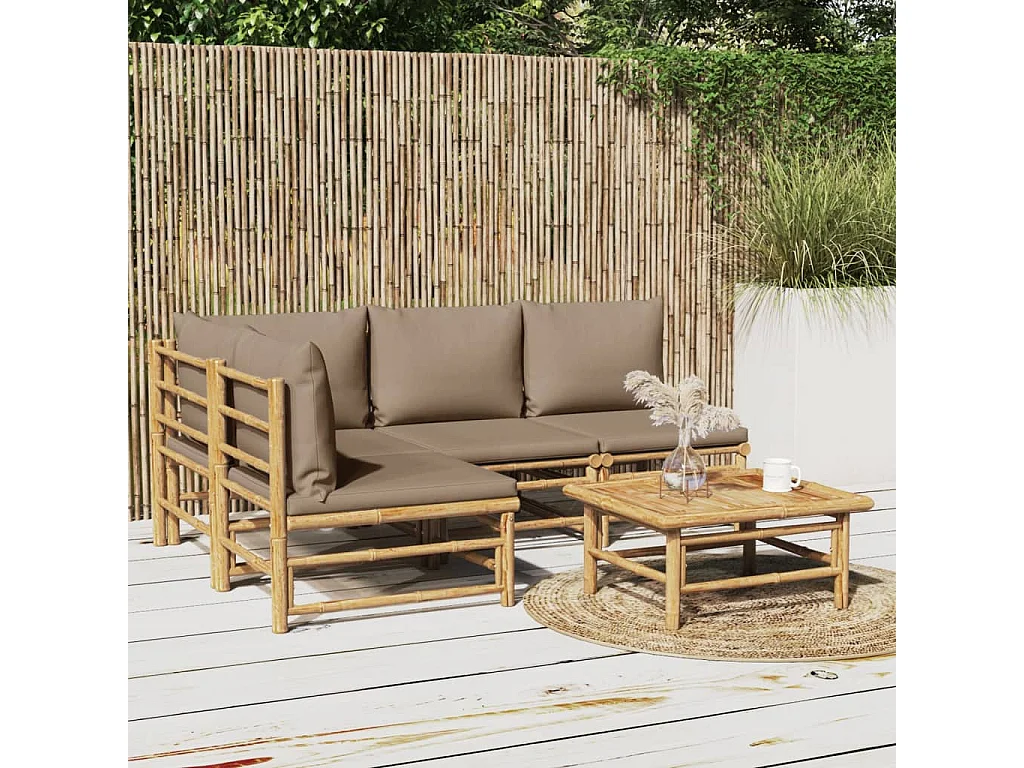 5 pcs conj. lounge jardim bambu almofadões cinzento-acastanhado
