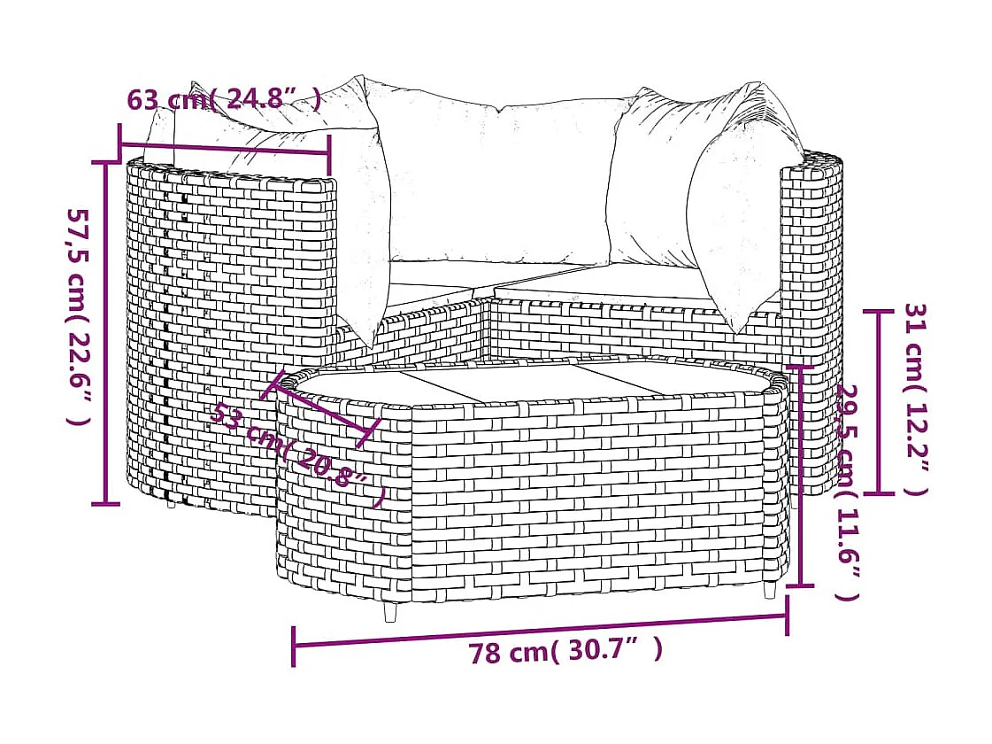 4-tlg. Garten-Lounge-Set mit Kissen Braun Poly Rattan