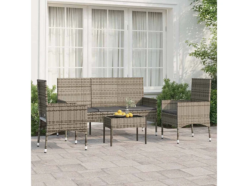 4-delige Loungeset met kussens poly rattan grijs