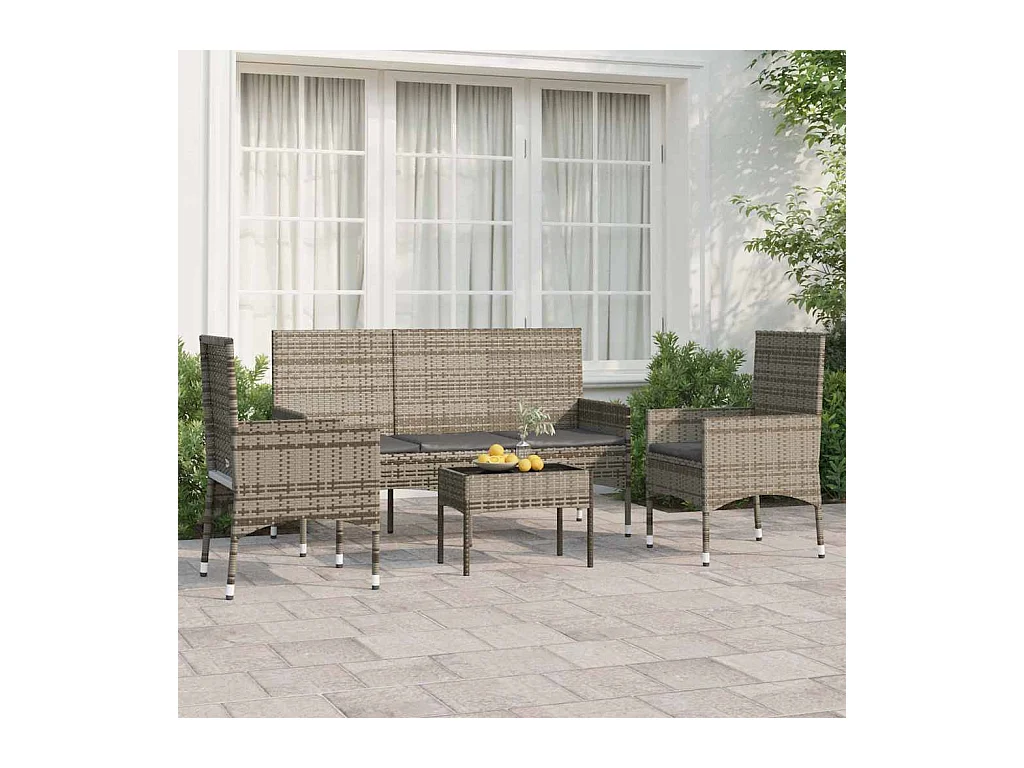 4-delige Loungeset met kussens poly rattan grijs