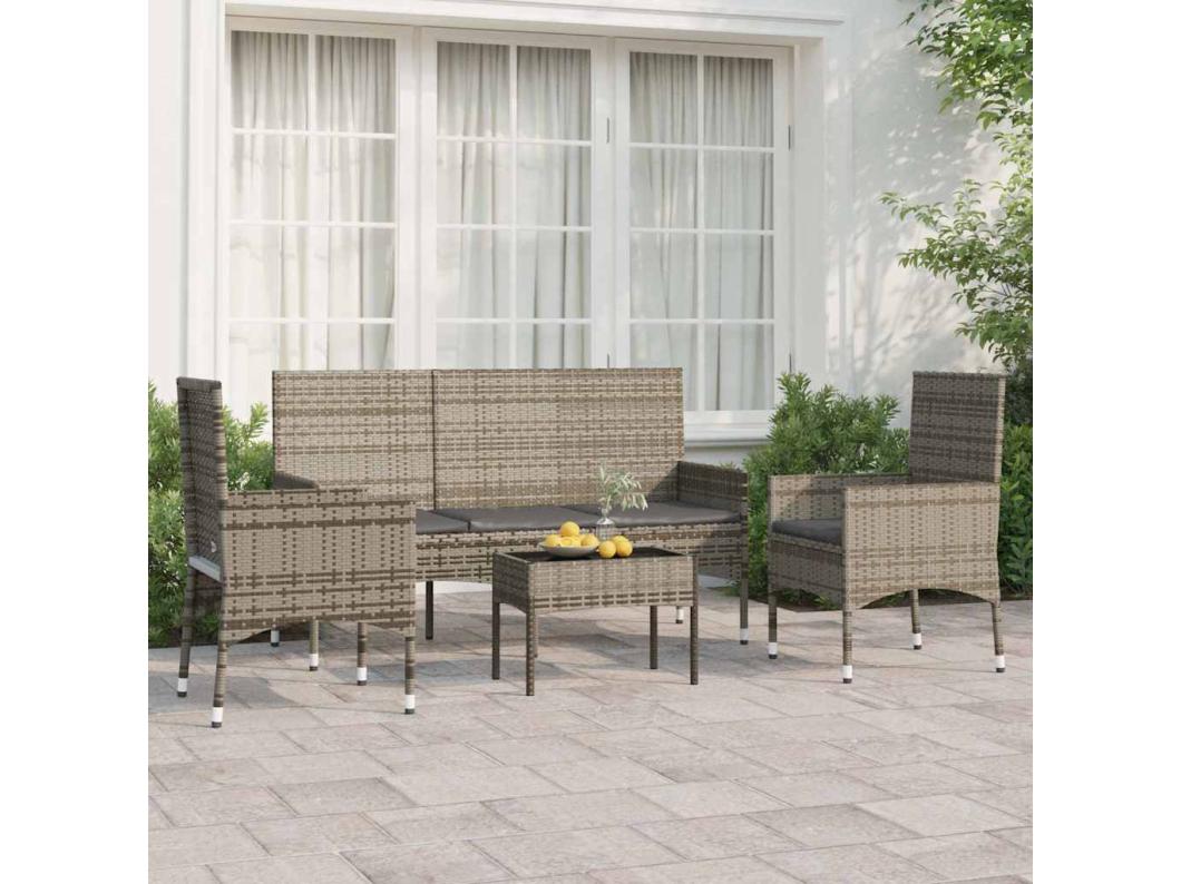 4 pcs conjunto lounge de jardim c/ almofadões vime PE cinzento