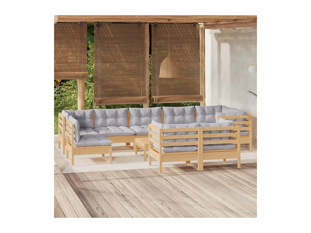 10-tlg. Garten-Lounge-Set mit Grauen Kissen Kiefer Massivholz