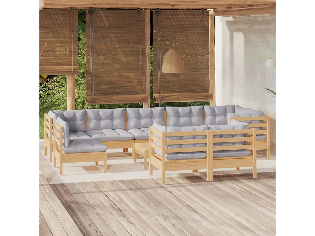 Salon de jardin 10 pcs avec coussins gris bois de pin massif