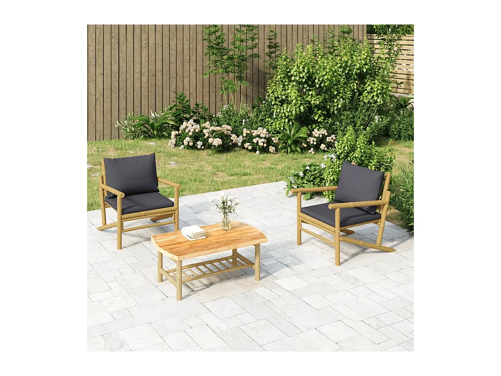 Salon de jardin 3 pcs avec coussins gris foncé bambou