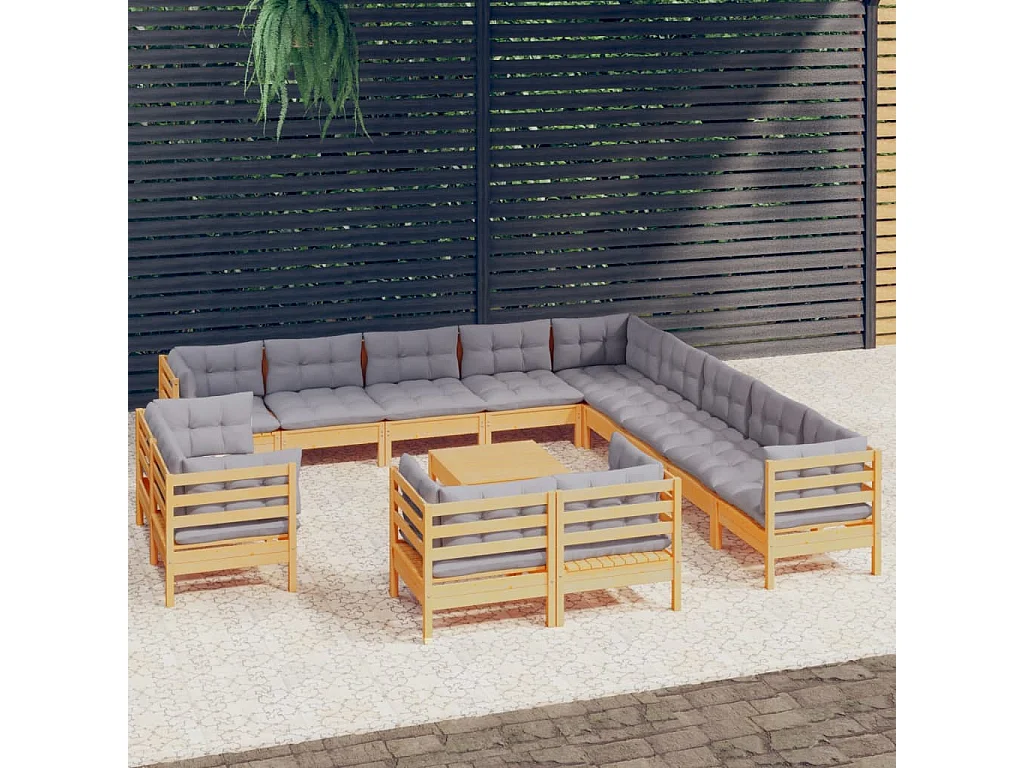 Salon de jardin 14 pcs avec coussins gris Bois de pin solide