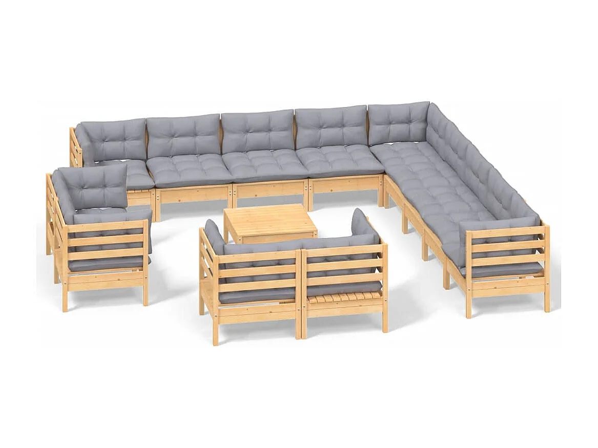 Salon de jardin 14 pcs avec coussins gris Bois de pin solide