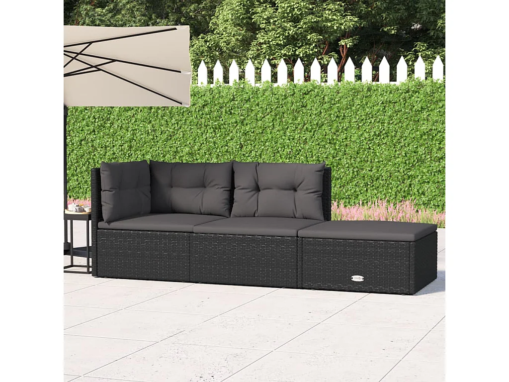 Salon de jardin 3 pcs avec coussins Noir Résine tressée