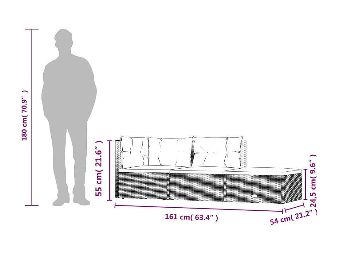 Salon de jardin 3 pcs avec coussins Noir Résine tressée