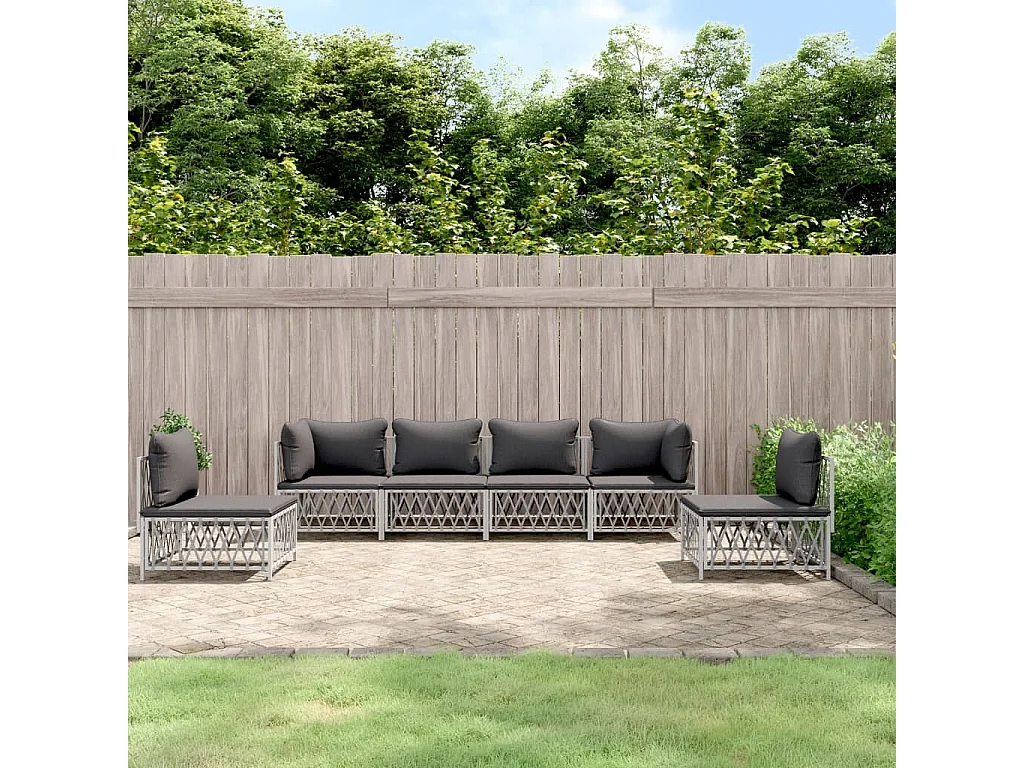 Salon de jardin avec coussins 6 pcs blanc acier