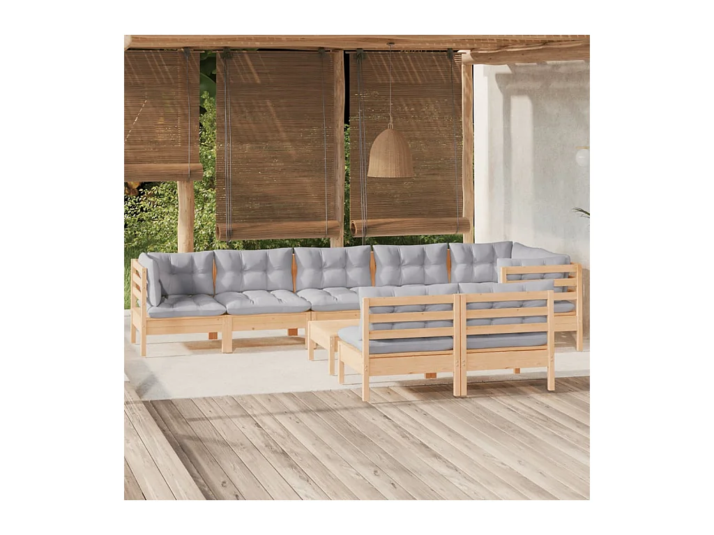 Set Divani da Giardino 9 pz con Cuscini Grigi Massello di Pino