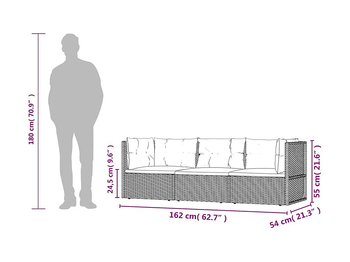 Salon de jardin 3 pcs avec coussins Noir Résine tressée