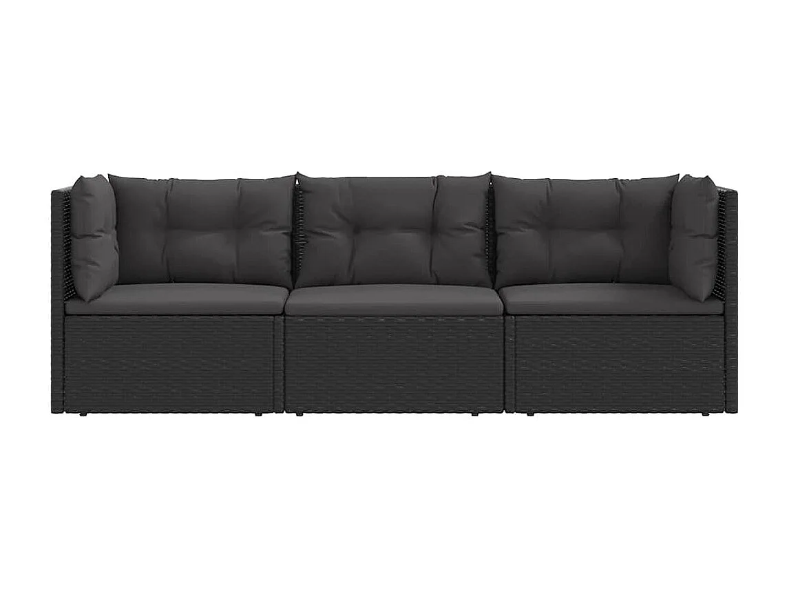 Salon de jardin 3 pcs avec coussins Noir Résine tressée