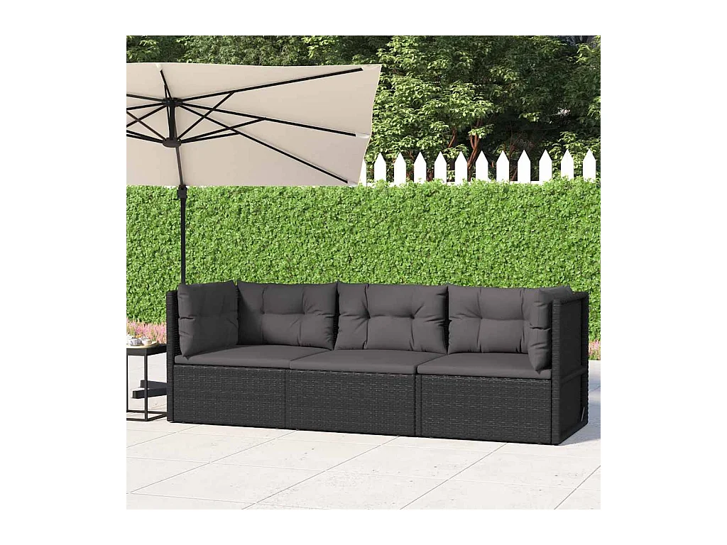 Set Divani da Giardino 3 pz con Cuscini Nero in Polyrattan