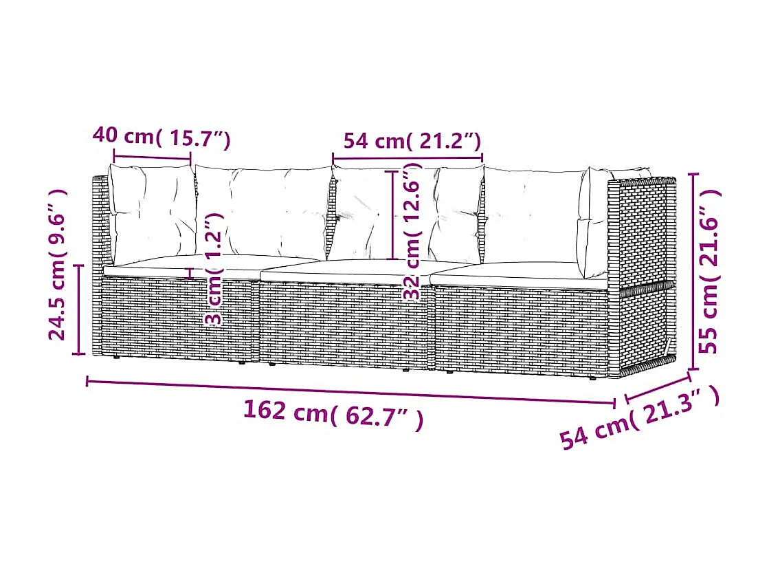 Salon de jardin 3 pcs avec coussins Noir Résine tressée