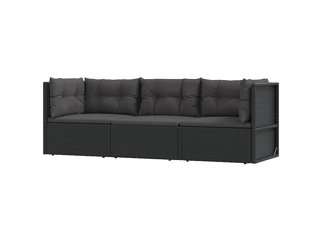 3-delige Loungeset met kussens poly rattan zwart
