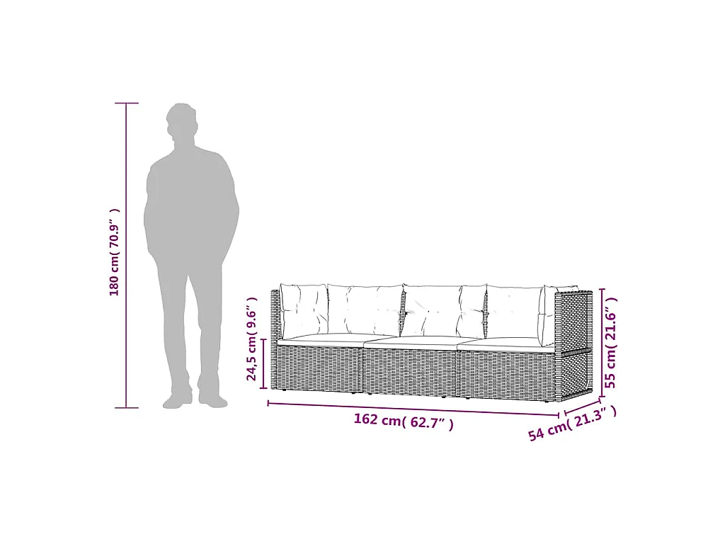3-delige Loungeset met kussens poly rattan zwart