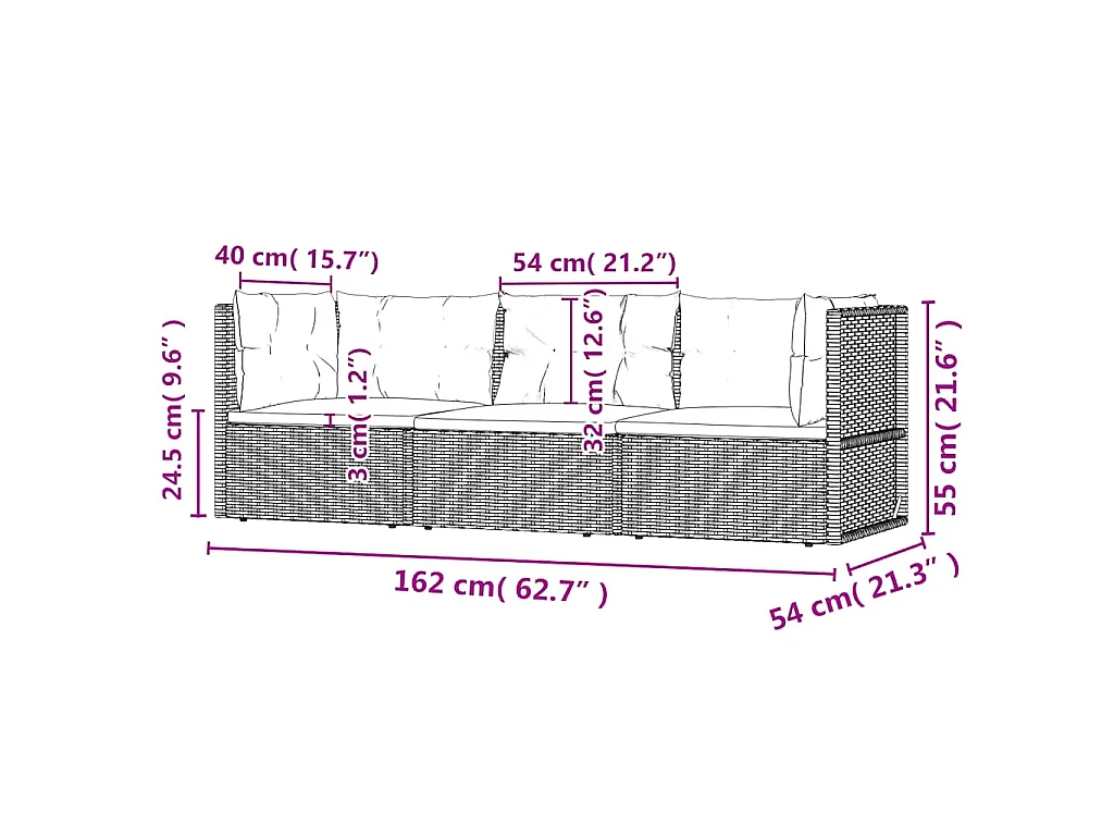 3-delige Loungeset met kussens poly rattan zwart