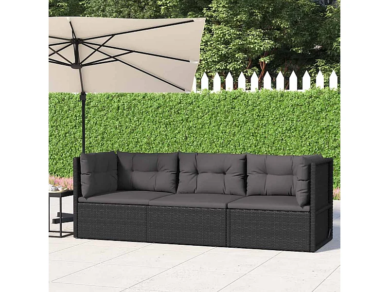 3-delige Loungeset met kussens poly rattan zwart