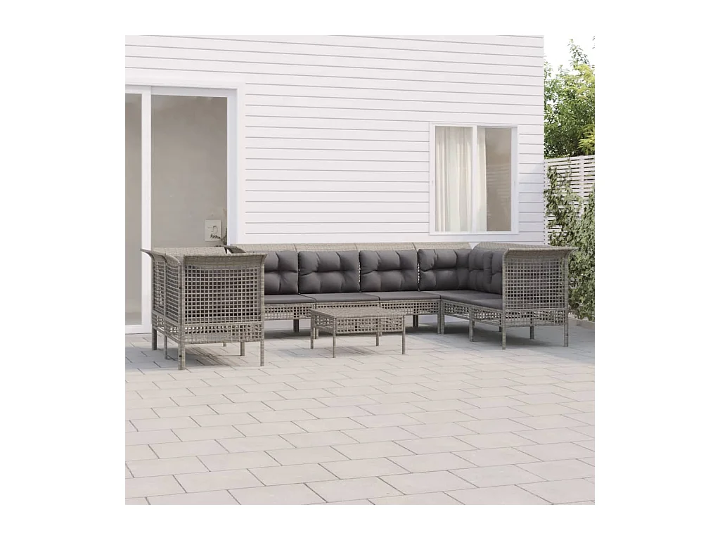 Salon de jardin 9 pcs avec coussins Gris Résine tressée