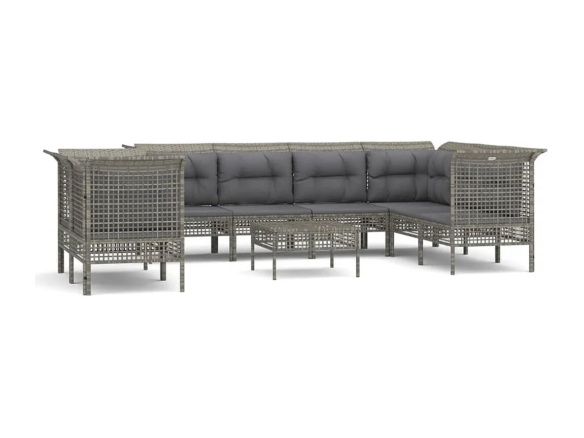 Salon de jardin 9 pcs avec coussins Gris Résine tressée