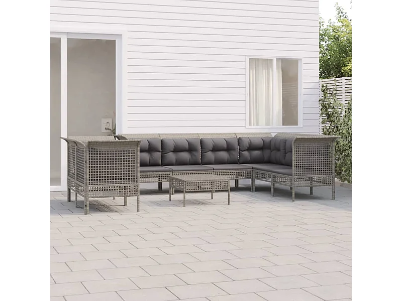 Salon de jardin 9 pcs avec coussins Gris Résine tressée