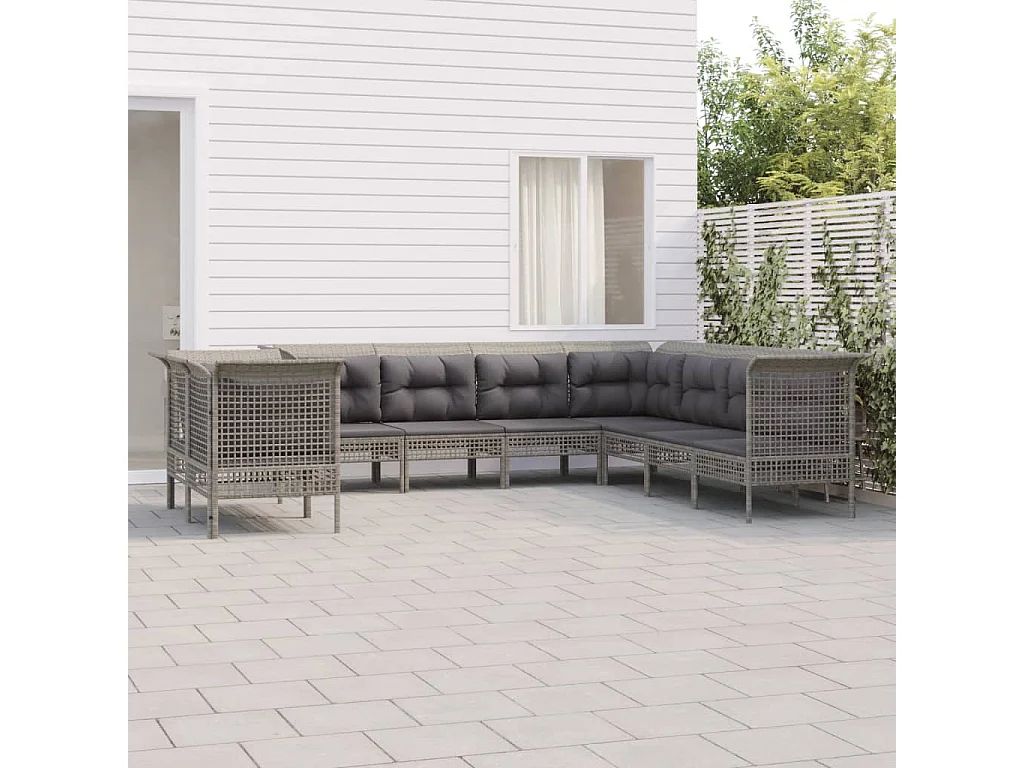 9 pcs conjunto lounge de jardim c/ almofadões vime PE cinzento