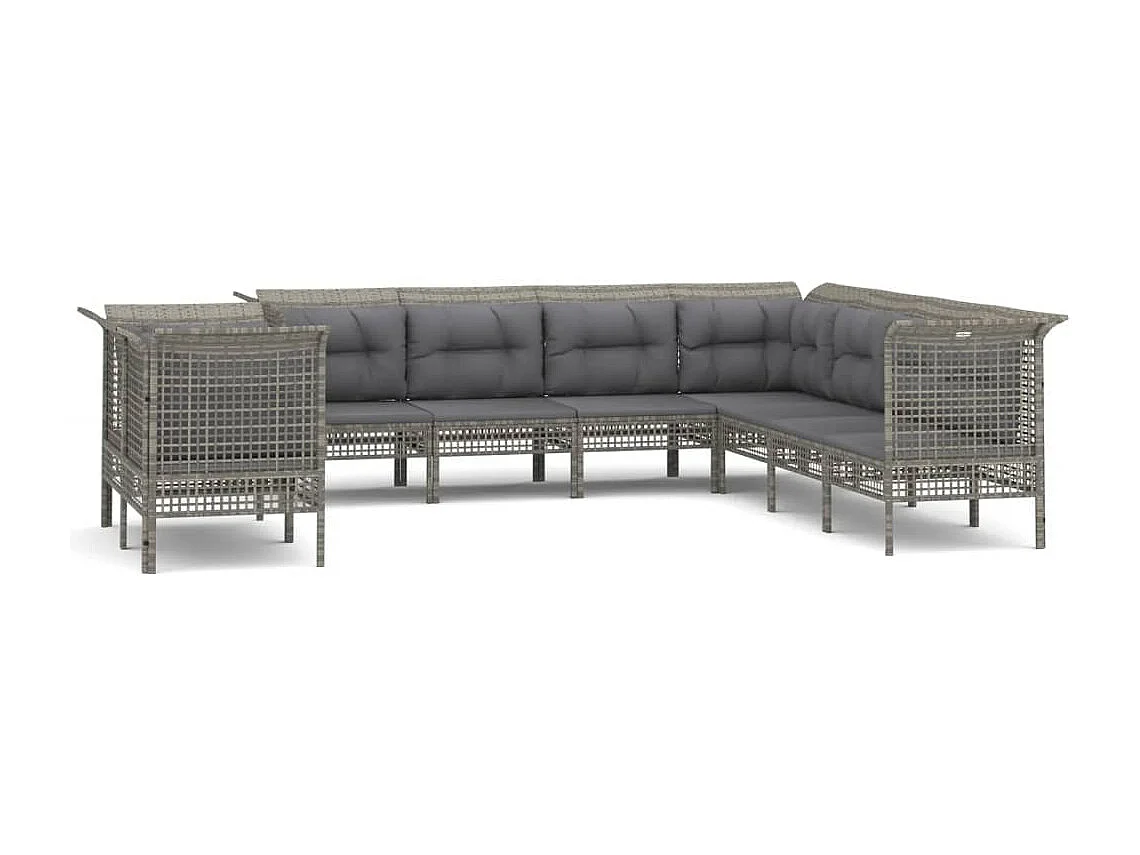 9 pcs conjunto lounge de jardim c/ almofadões vime PE cinzento