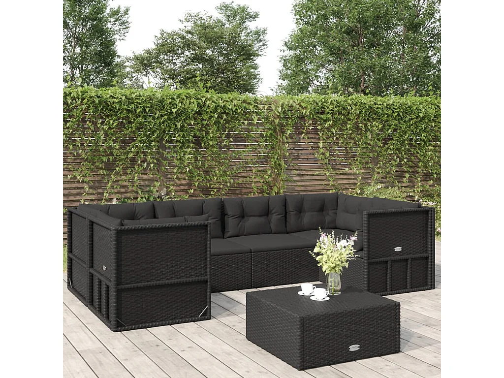Salon de jardin 6 pcs avec coussins Noir Résine tressée