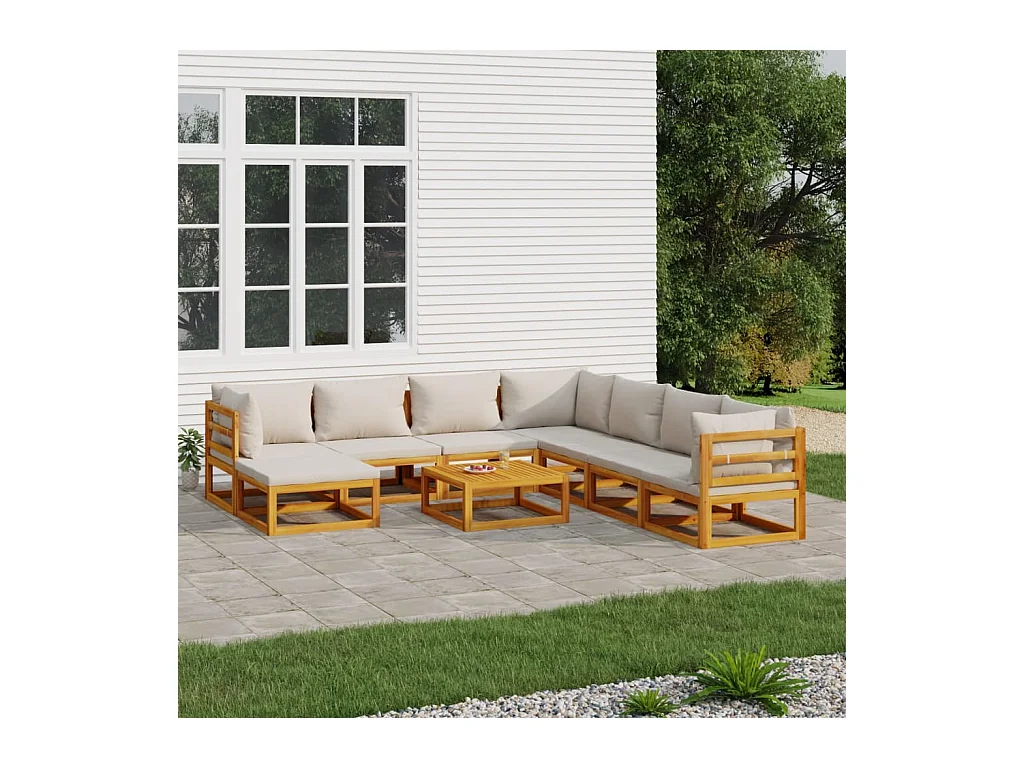 9-delige Loungeset met lichtgrijze kussens massief hout