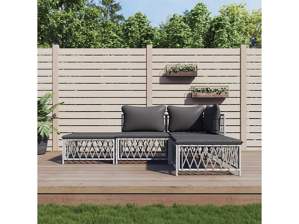 Salon de jardin 4 pcs avec coussins blanc acier
