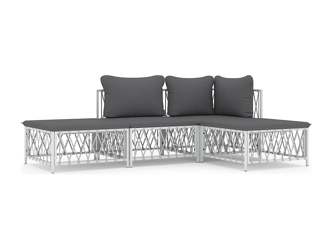 Salon de jardin 4 pcs avec coussins blanc acier
