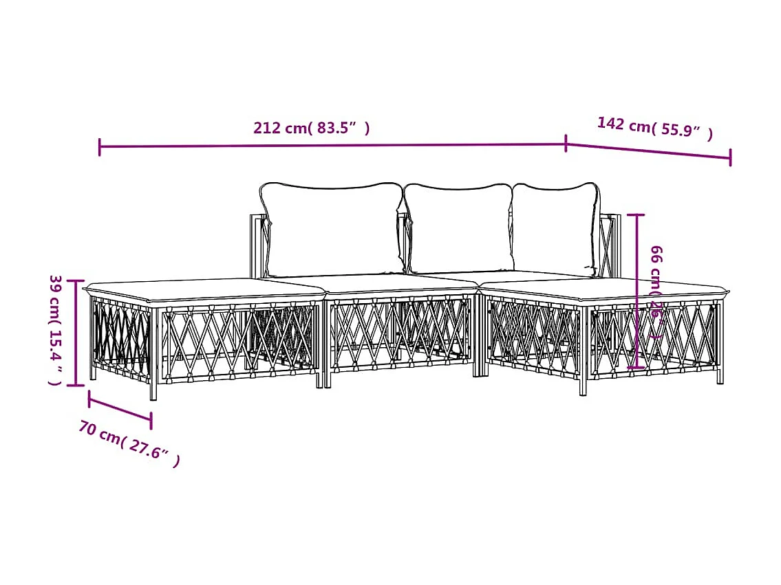 Salon de jardin 4 pcs avec coussins blanc acier