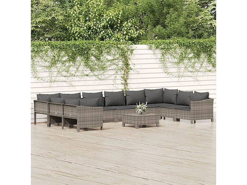 Set Divani da Giardino 11 pz con Cuscini in Polyrattan Grigio