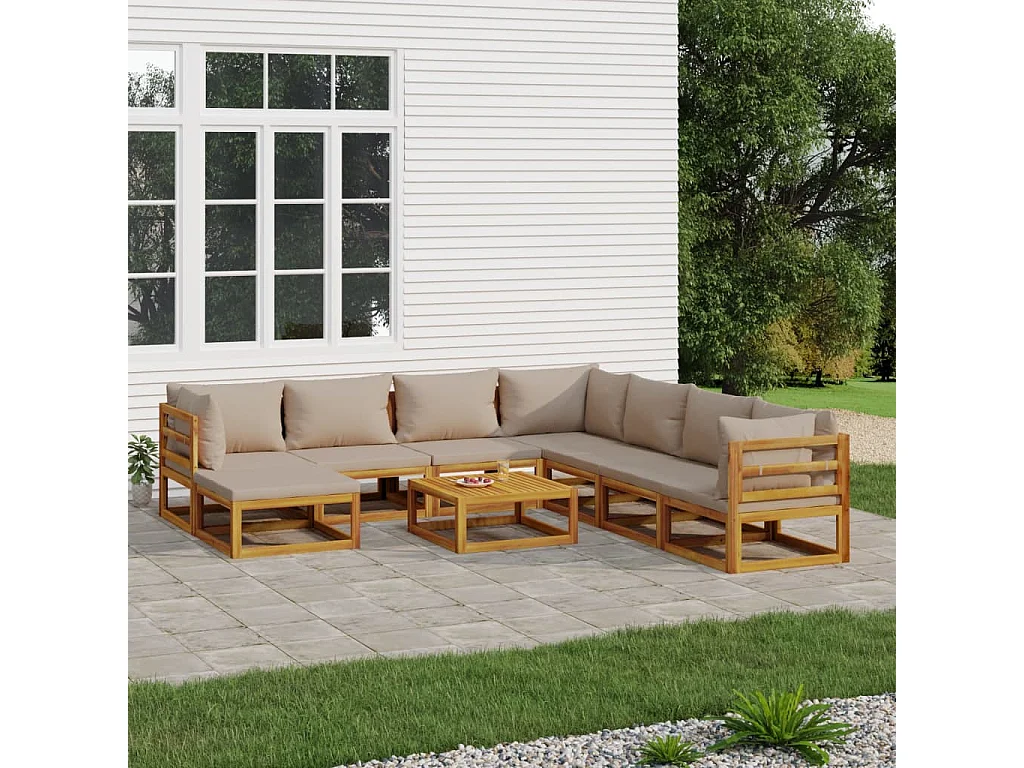 Salon de jardin 9 pcs avec coussins taupe bois massif