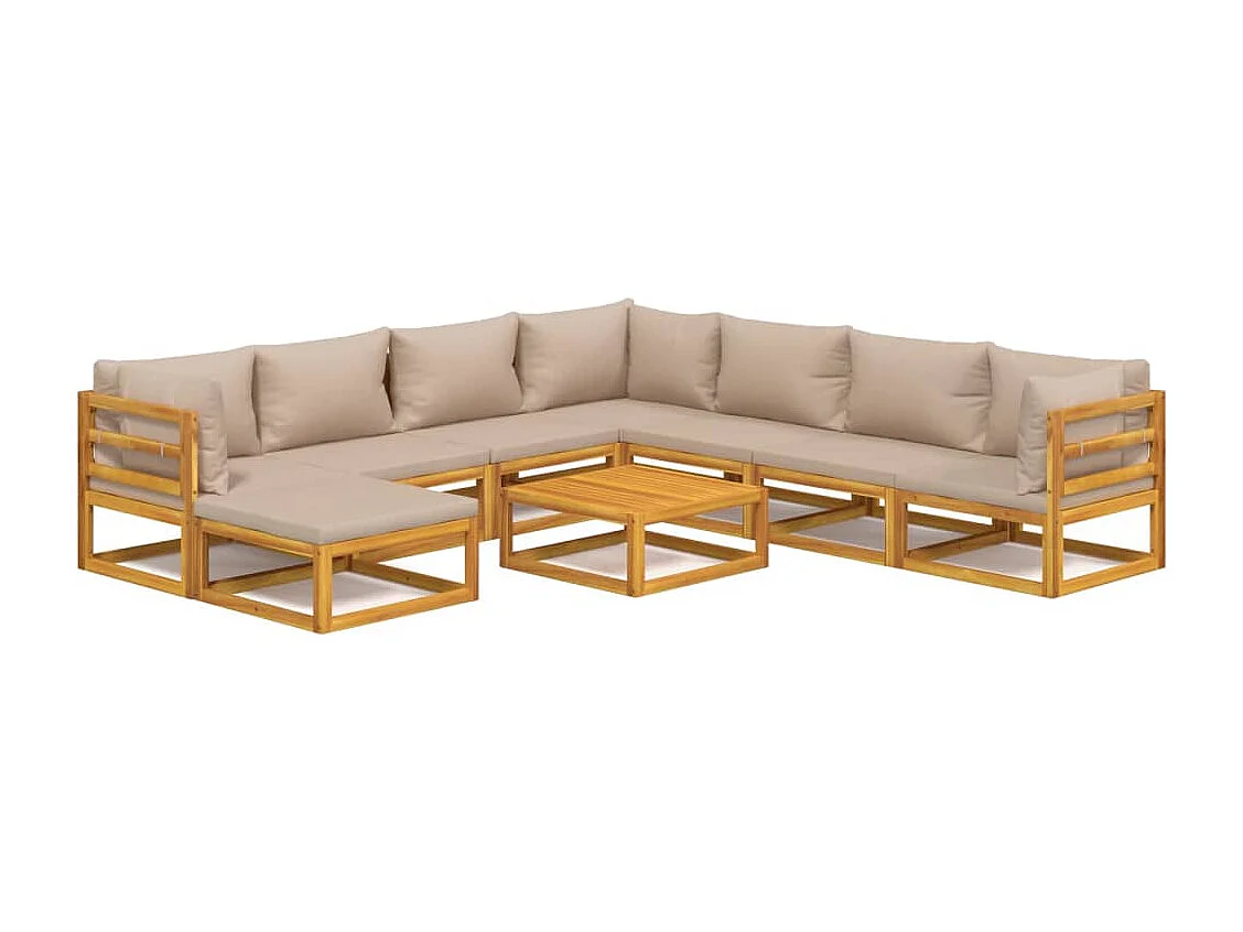 Salon de jardin 9 pcs avec coussins taupe bois massif