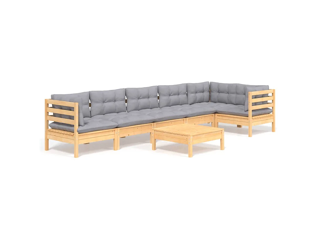 Juego de muebles de jardín 7 pzas y cojines madera pino gris