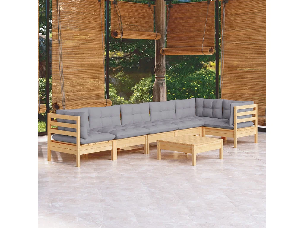 Juego de muebles de jardín 7 pzas y cojines madera pino gris