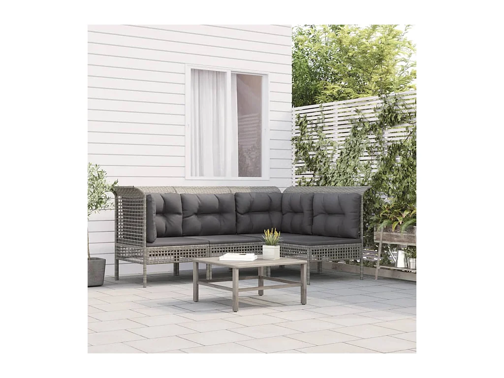 Salon de jardin 4 pcs avec coussins Gris Résine tressée