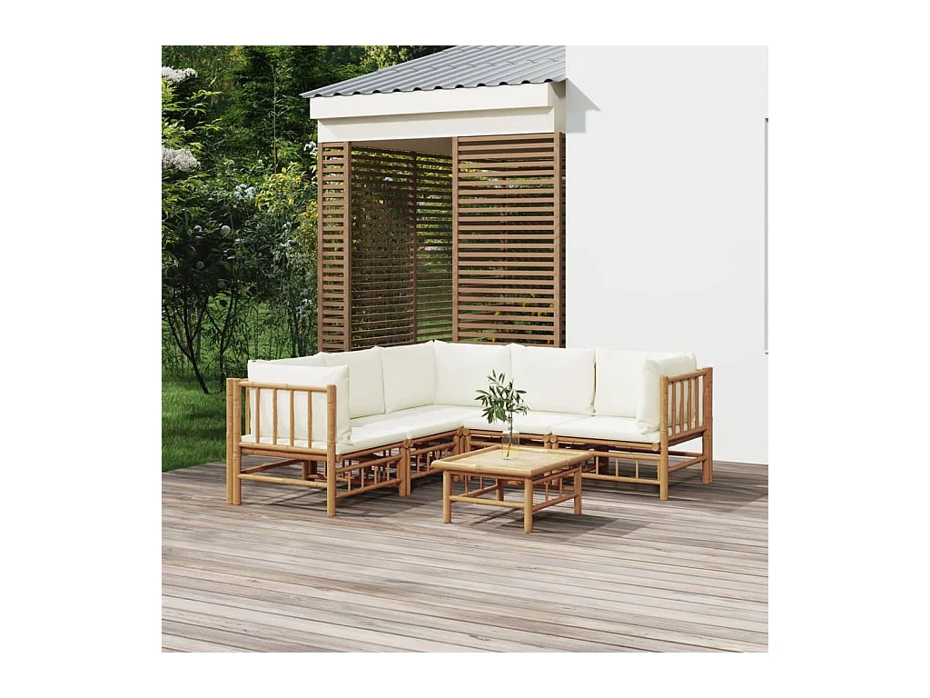 6-tlg. Garten-Lounge-Set mit Cremeweißen Kissen Bambus