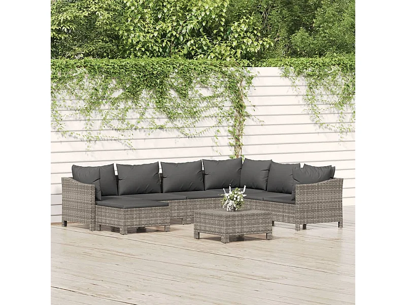 8-tlg. Garten-Lounge-Set mit Kissen Grau Poly Rattan